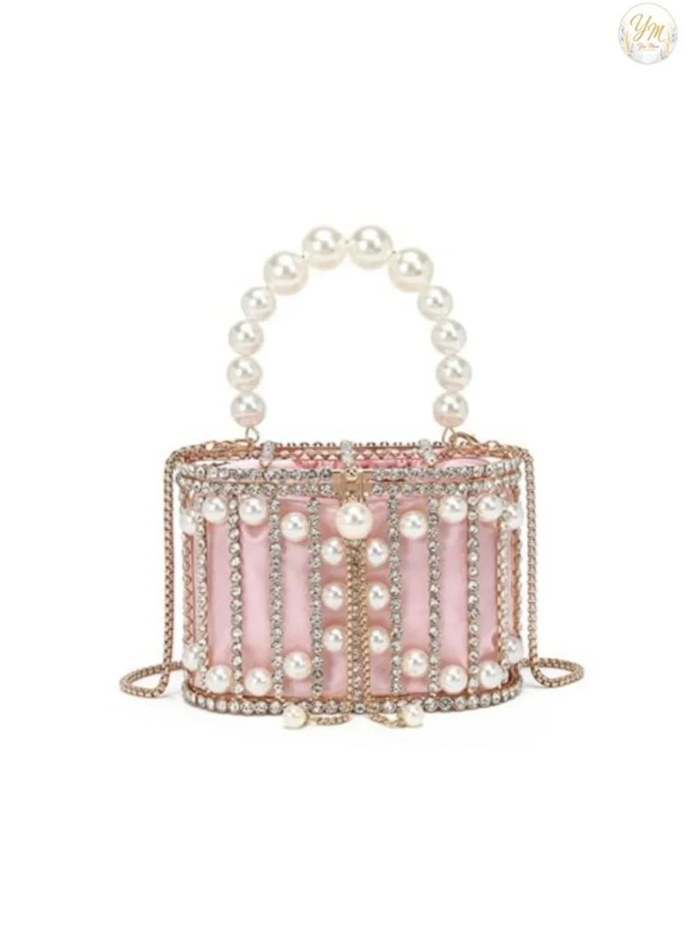 Rhinestone Cage Evening Clutch Detachable Pearl Handle Glitter Basket Purse